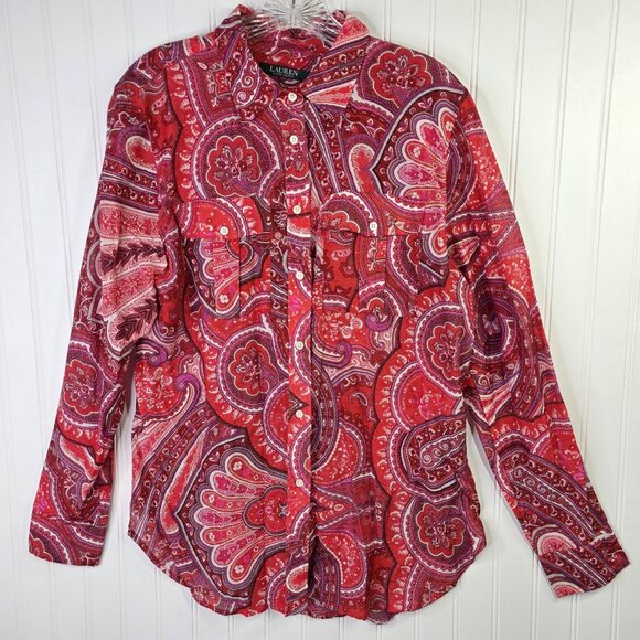 Lauren Ralph Lauren Shirt Womens Large Red Paisley Button Lightweight Office - Picture 1 of 11